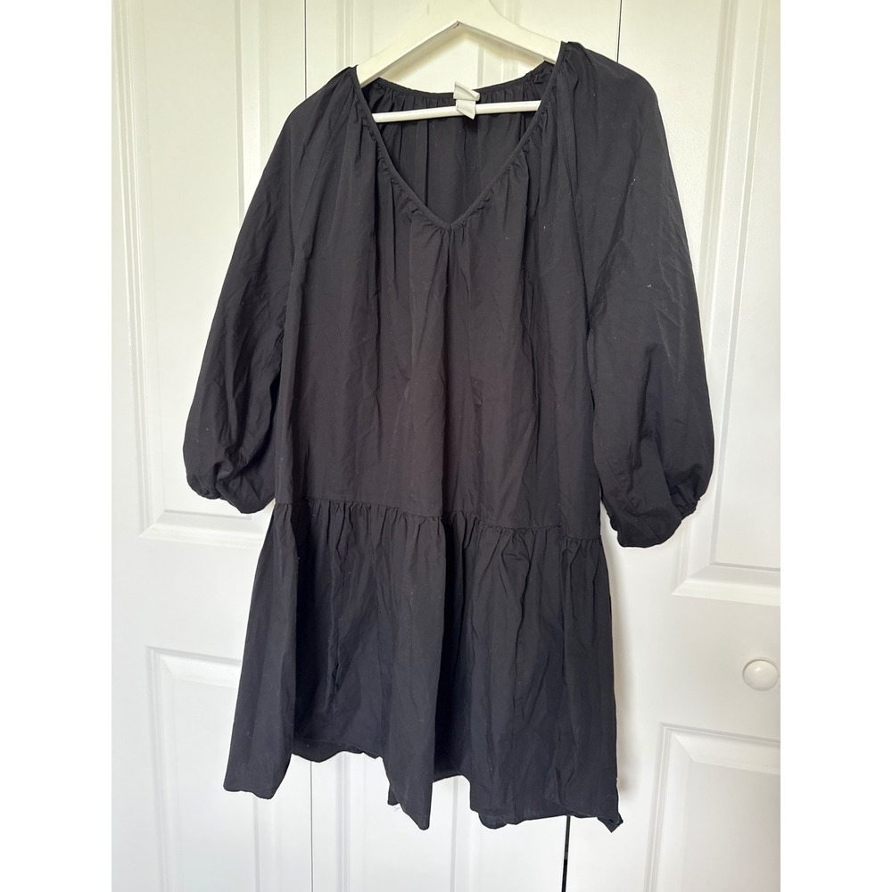 HM Black Cotton Tiered Mini Dress V-Neck Puff Sleeve Womens Mediumโ Cottage Core